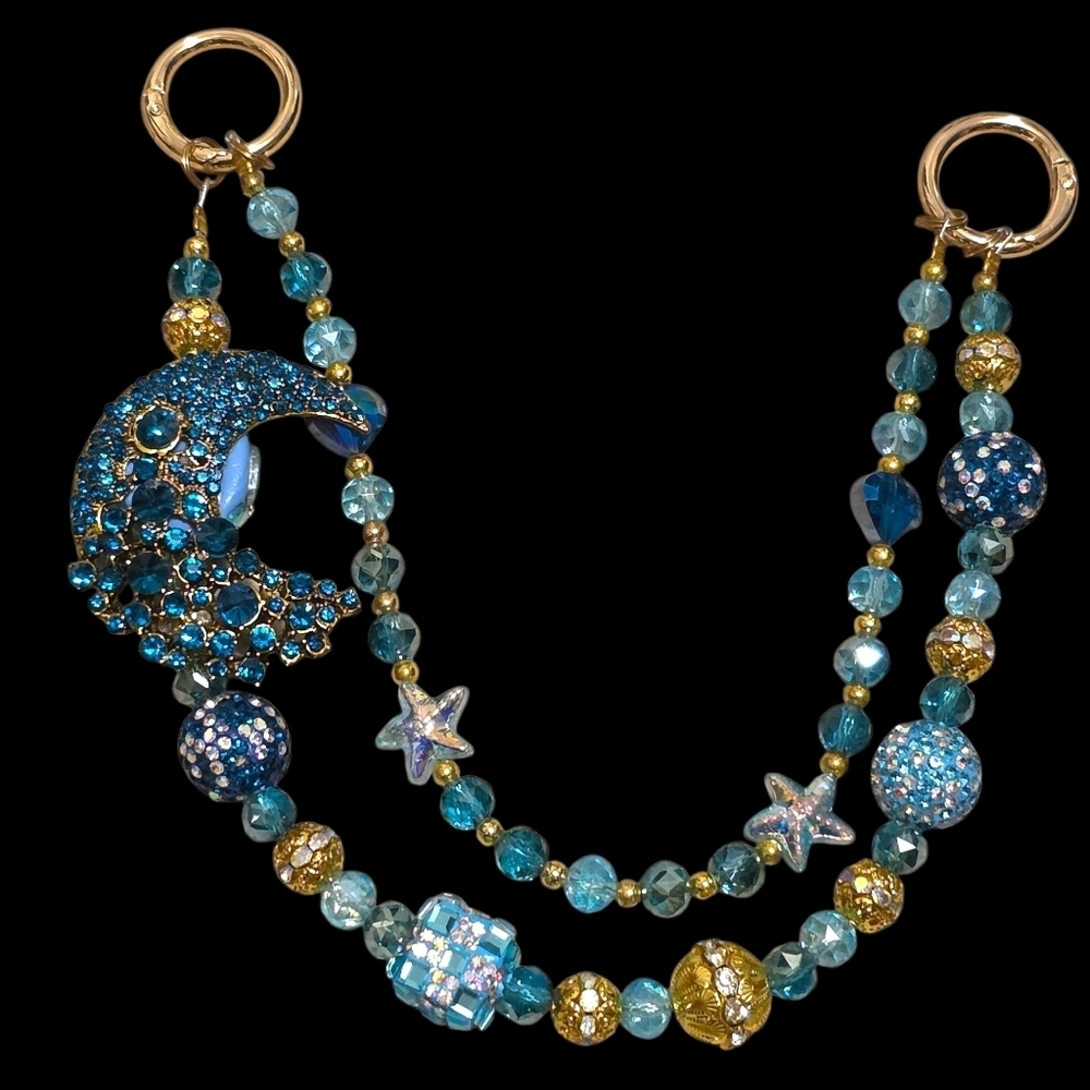 Blue and Gold Moon and Star Beaded Bag Charm